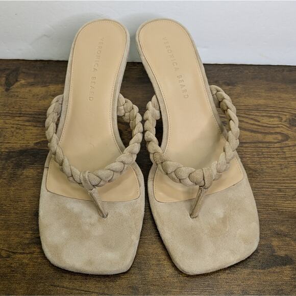 Veronica Beard Marissa Sandals Sz 9.5 Braided Suede Thongs Slides Tan Neutral - Picture 12 of 14